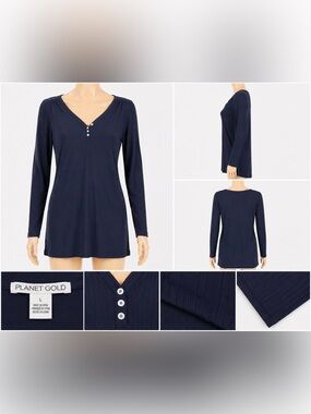 Planet Gold Navy Long Sleeve Ribbed Shirt Dress